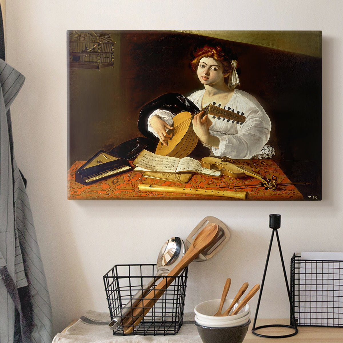 Canvas art print detailing an intimate portrait of musician with still life elements, displayed in a softly lit workspace setting