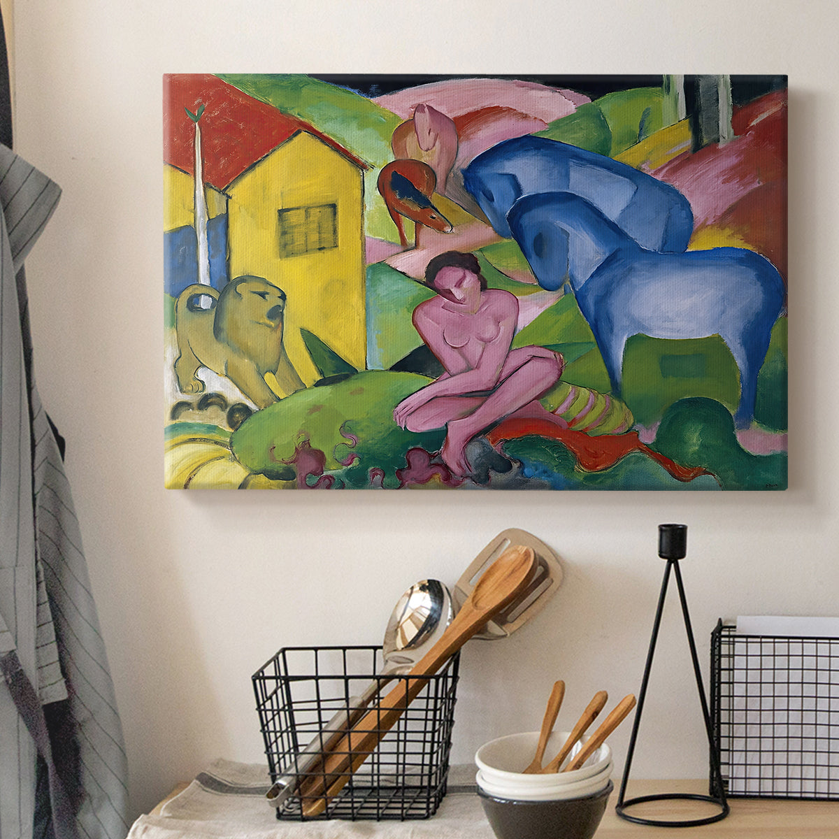 Canvas art print detailing a dreamlike abstract painting with layered shapes and color blocks, displayed in a softly lit workspace setting