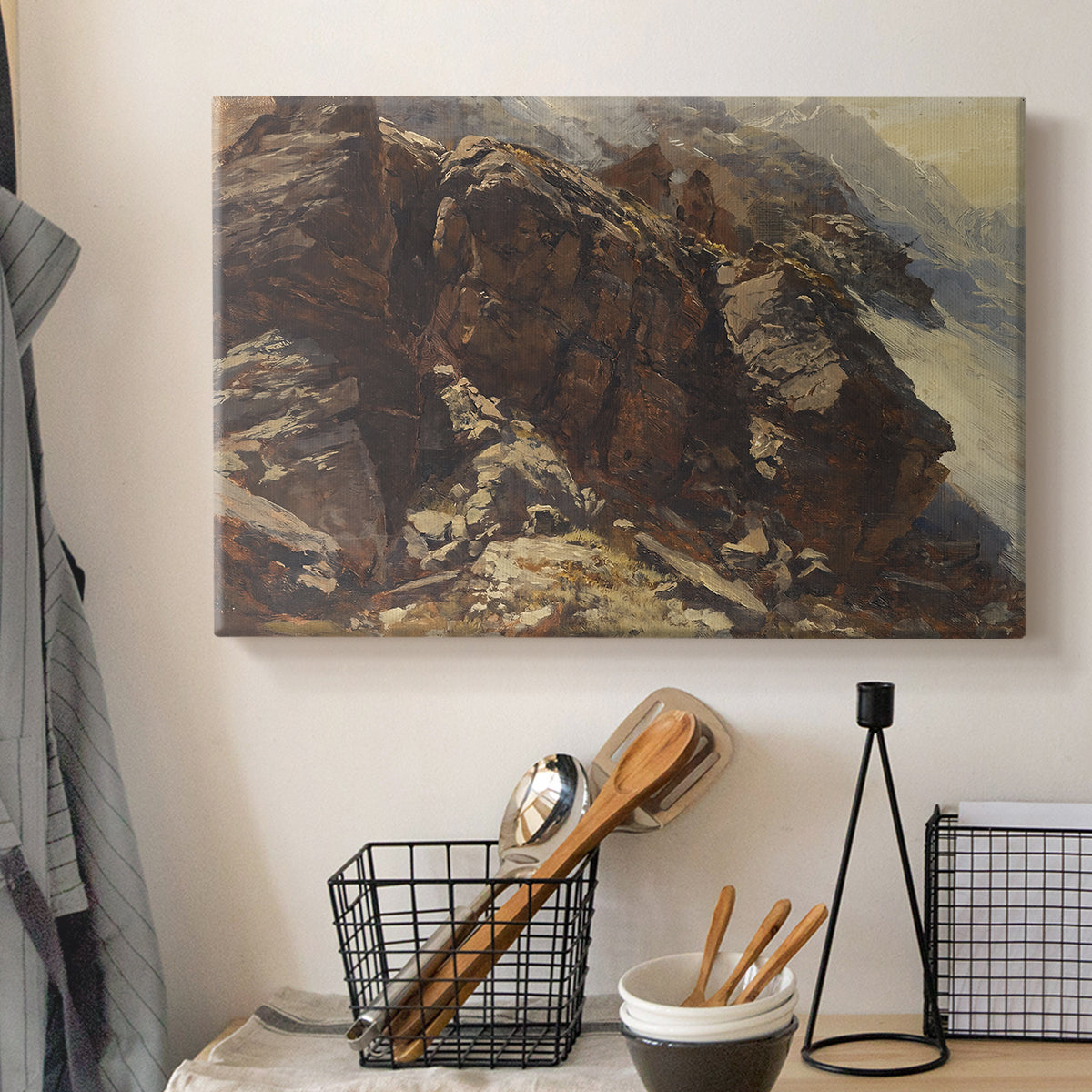 Canvas art print detailing a realistic depiction of mountainous terrain under open sky, displayed in a softly lit workspace setting