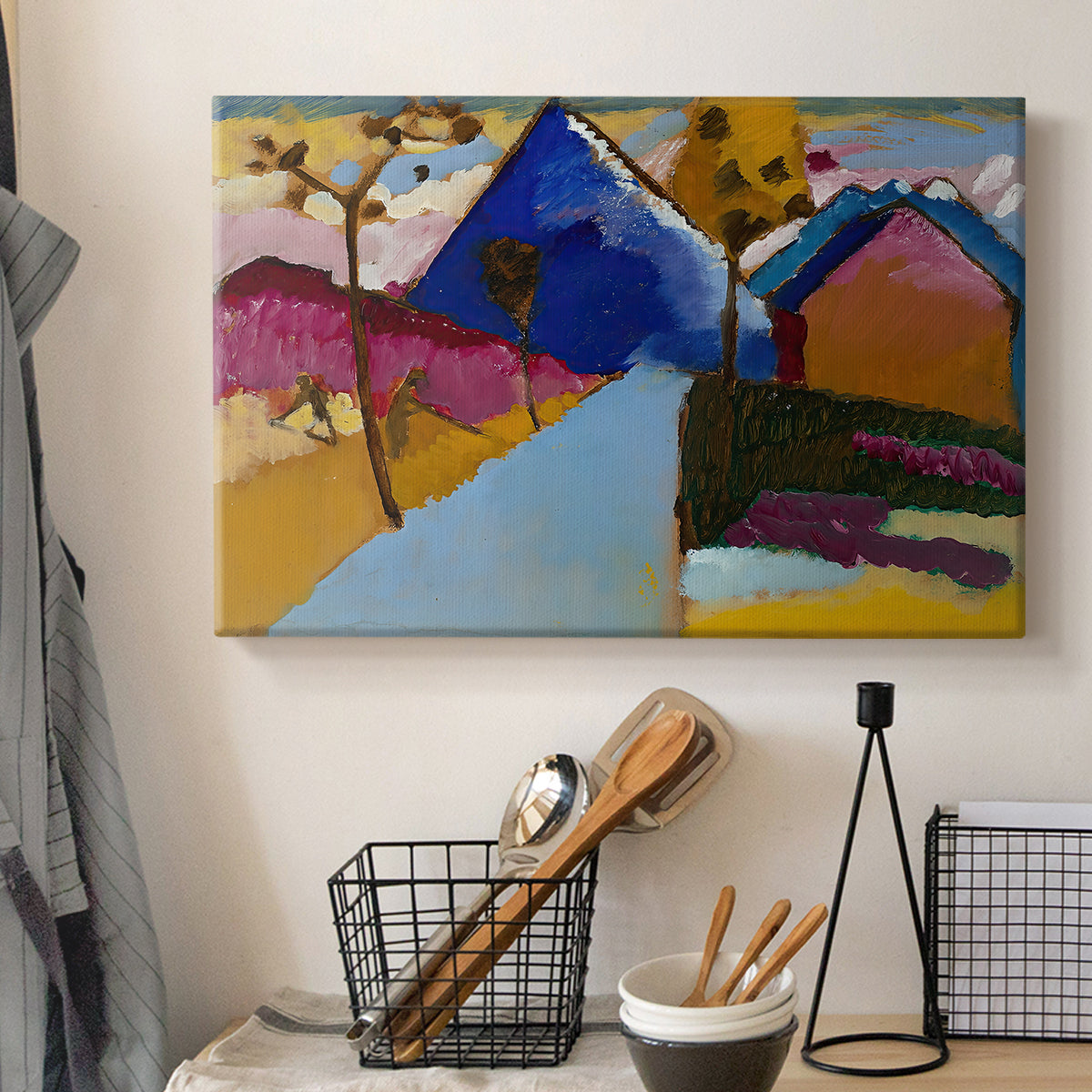 Canvas art print detailing a stylized street perspective with geometric simplification, displayed in a softly lit workspace setting