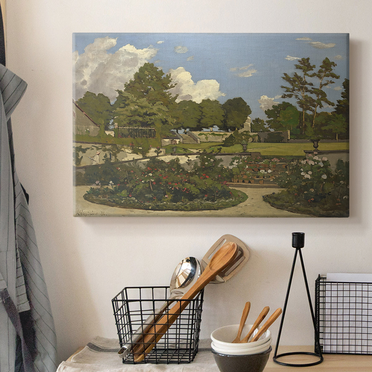 Canvas art print detailing a pastoral garden view with soft light and open space, displayed in a softly lit workspace setting