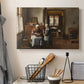 Canvas art print detailing a rustic interior with figures arranged around food, displayed in a softly lit workspace setting