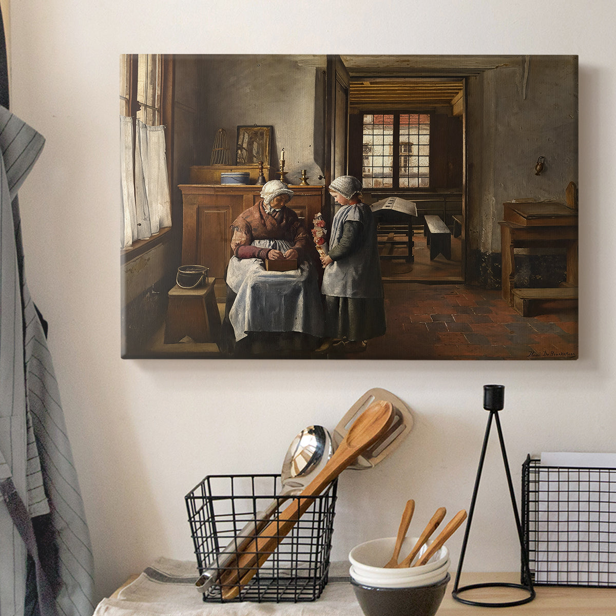 Canvas art print detailing a rustic interior with figures arranged around food, displayed in a softly lit workspace setting