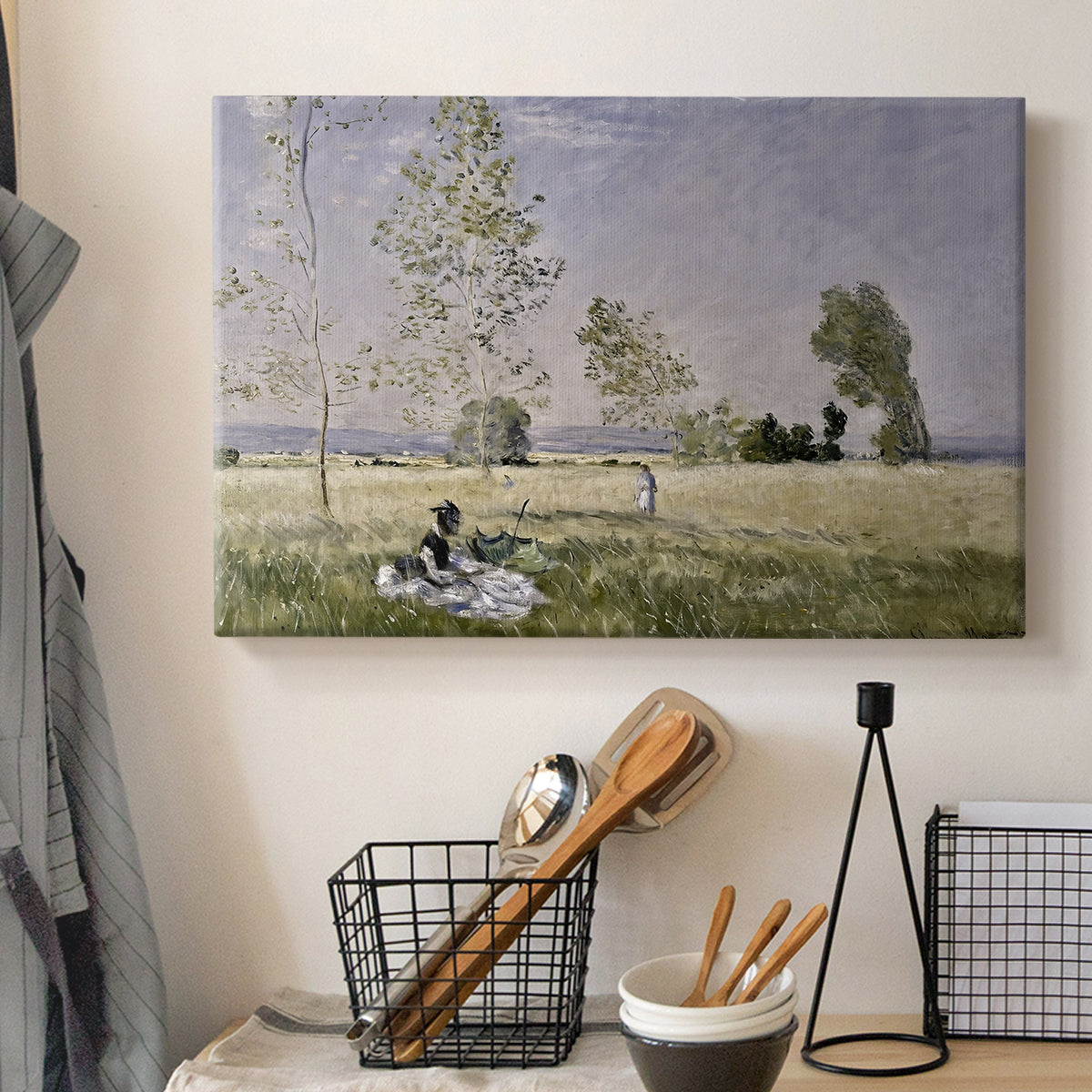 Canvas art print detailing a tranquil summer landscape with lone figure in nature, displayed in a softly lit workspace setting