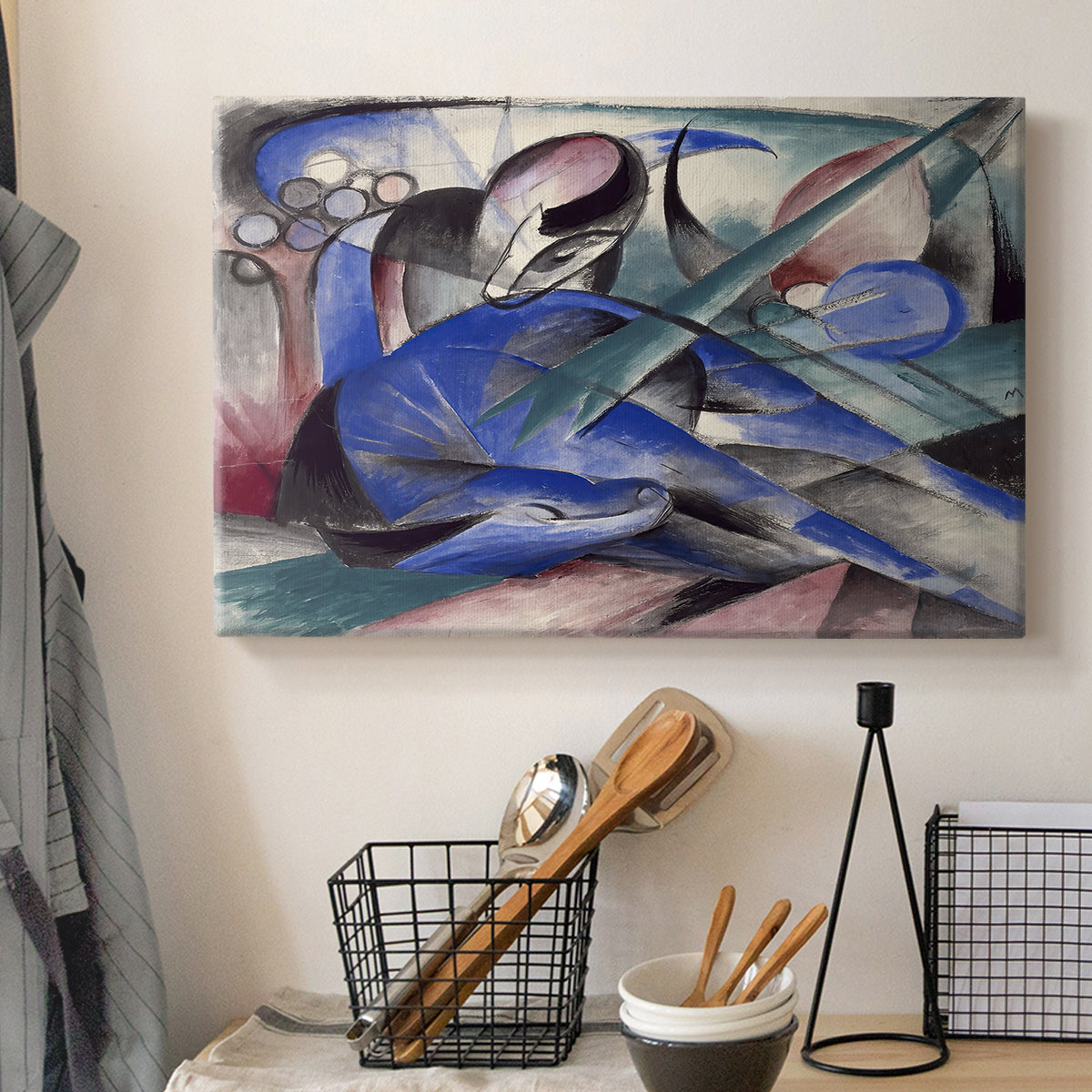 Canvas art print detailing a modern depiction of horse blending into colorful surroundings, displayed in a softly lit workspace setting