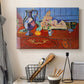 Canvas art print detailing a colorful still life featuring a jug and statuette, displayed in a softly lit workspace setting