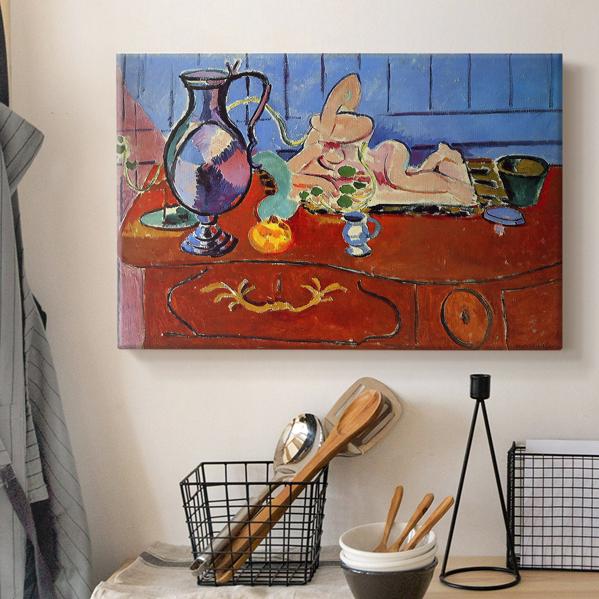 Canvas art print detailing a colorful still life featuring a jug and statuette, displayed in a softly lit workspace setting