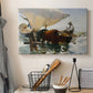 Canvas art print detailing an impressionist beach scene showing teamwork, displayed in a softly lit workspace setting