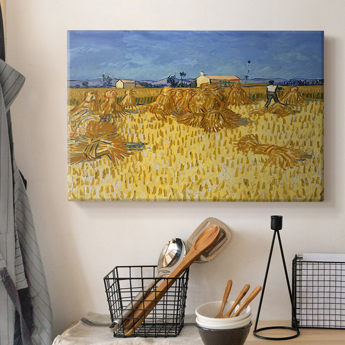 Canvas art print detailing a field composition showing harvest stage with grouped crops, displayed in a softly lit workspace setting