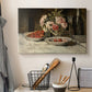 Canvas art print detailing a detailed arrangement of food and beverage items, displayed in a softly lit workspace setting