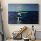 Canvas art print detailing an atmospheric harbor illuminated by moonlight, displayed in a softly lit workspace setting