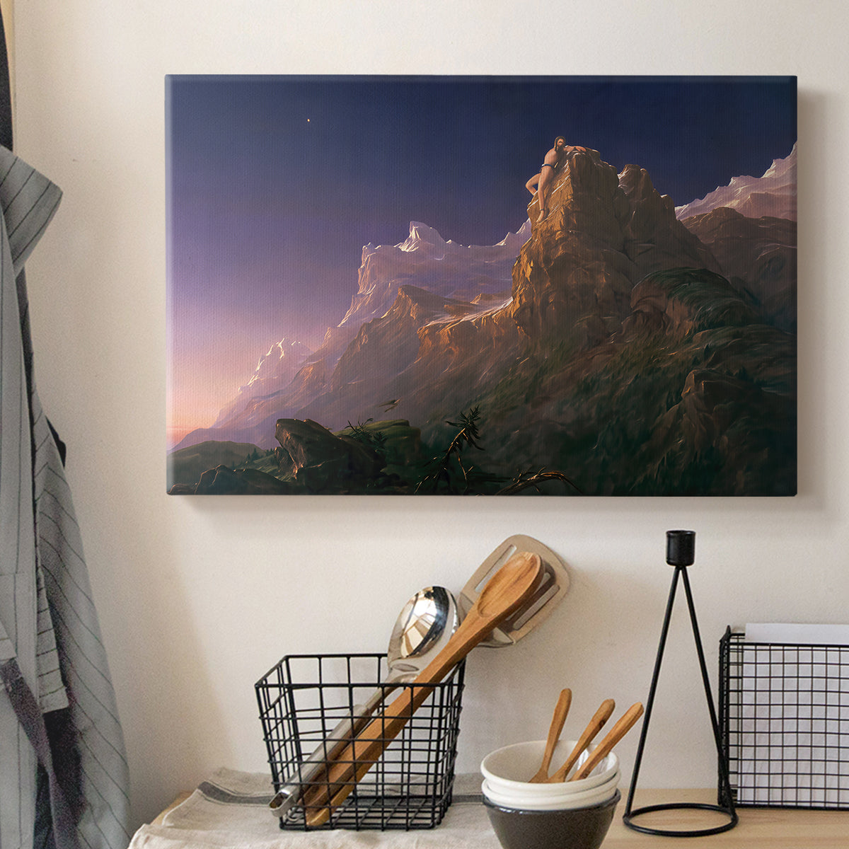 Canvas art print detailing a narrative landscape emphasizing isolation and scale, displayed in a softly lit workspace setting
