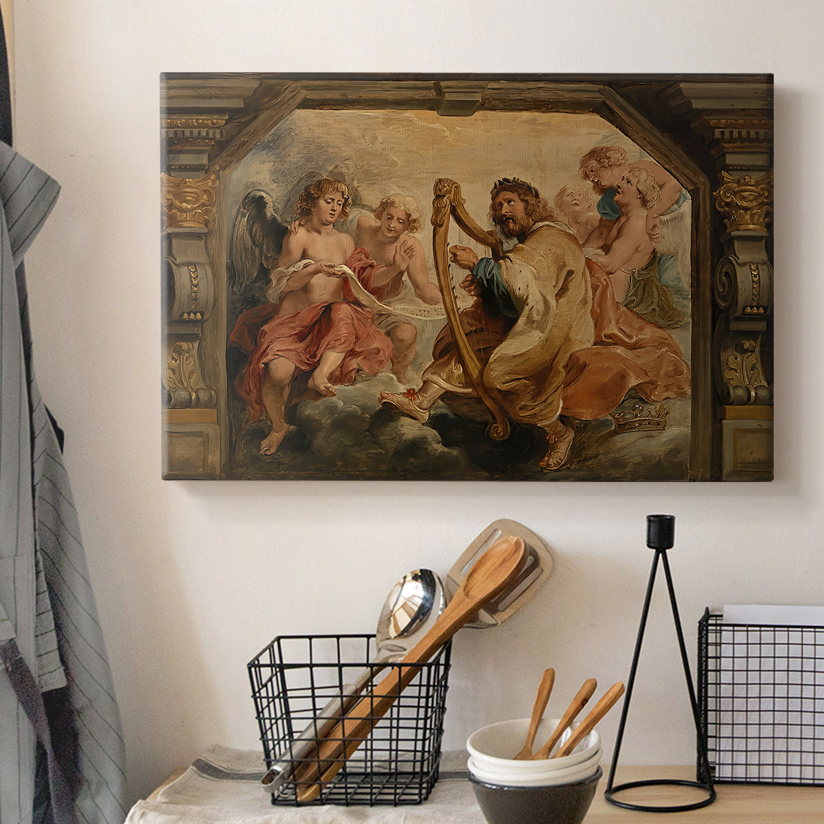 Canvas art print detailing an expressive devotional setting, displayed in a softly lit workspace setting