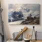 Canvas art print detailing an alpine peak dominating surrounding terrain, displayed in a softly lit workspace setting