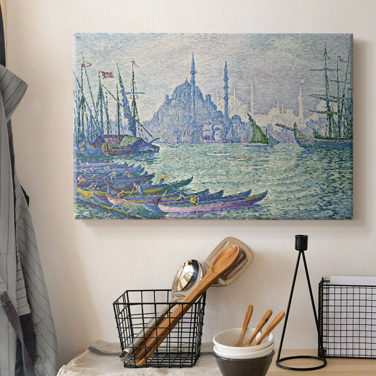 Canvas art print detailing a maritime composition, displayed in a softly lit workspace setting