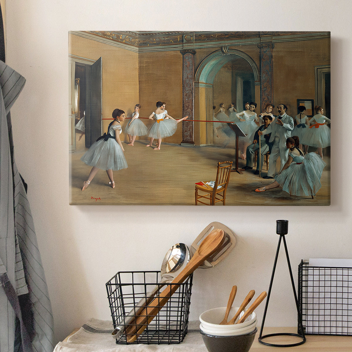 Canvas art print detailing an elegant rehearsal space with dancers in soft lighting, displayed in a softly lit workspace setting