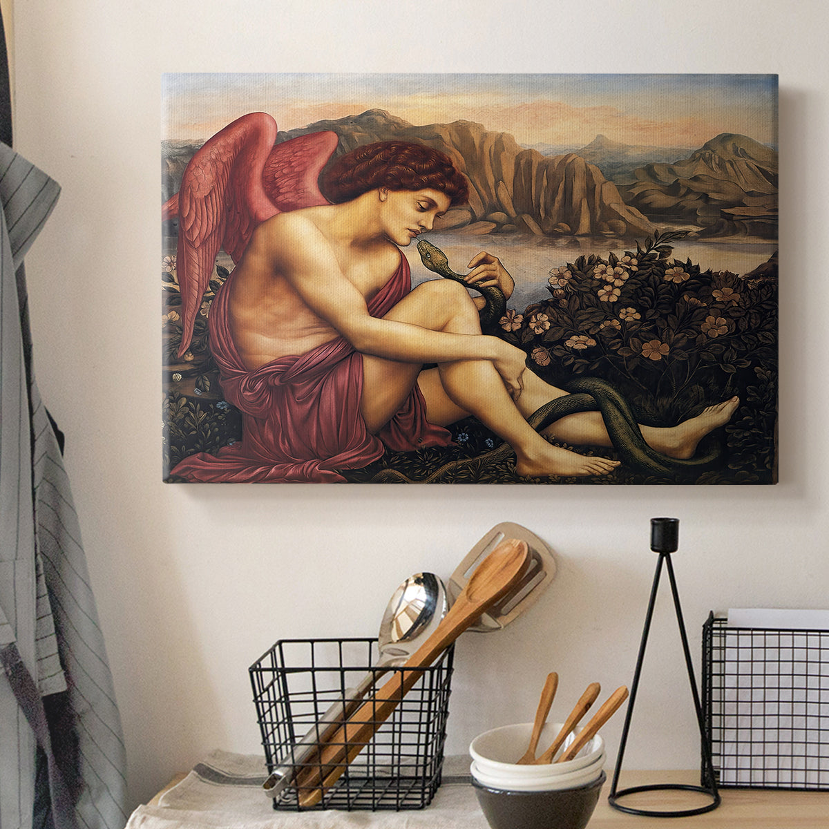 Canvas art print detailing a symbolic imagery of purity overcoming evil forces, displayed in a softly lit workspace setting