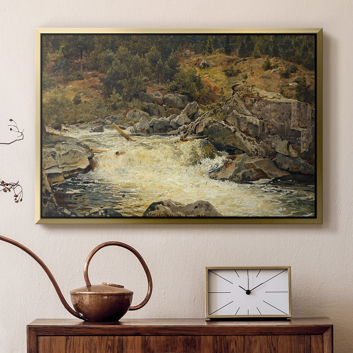 Waterfall in Hallingdal, 1848 - Floater Framed Canvas Print