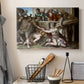 Canvas art print detailing a traditional depiction of biblical sacrifice, displayed in a softly lit workspace setting