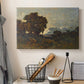 Canvas art print detailing an atmospheric landscape with soft light fading across horizon, displayed in a softly lit workspace setting