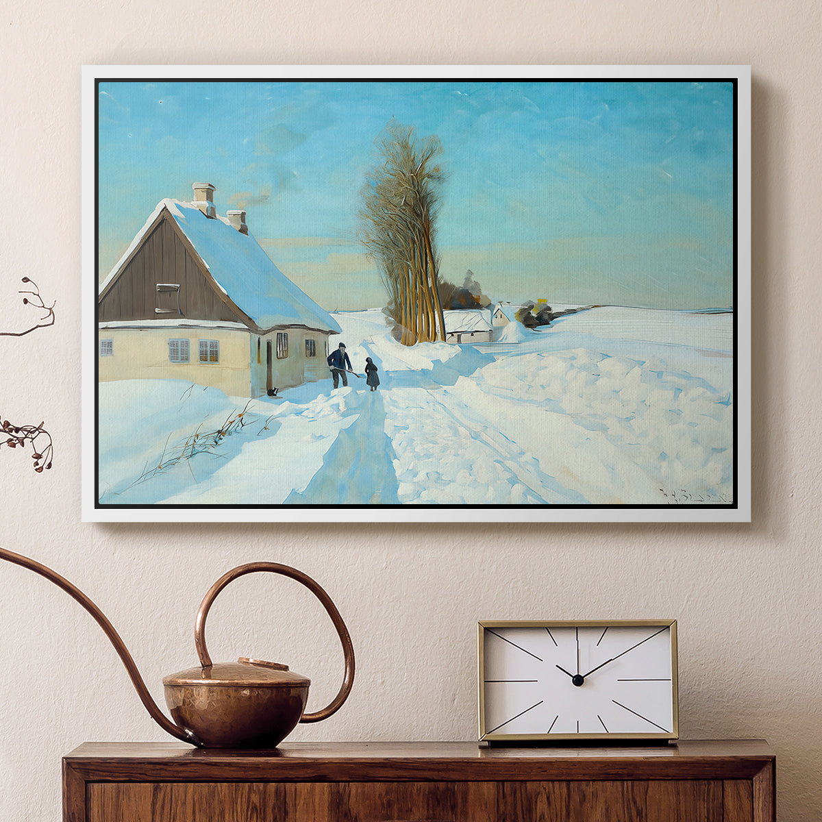 Shoveling Snow on a Beautiful Winter Day, c. 1898 - Floater Framed Canvas Print