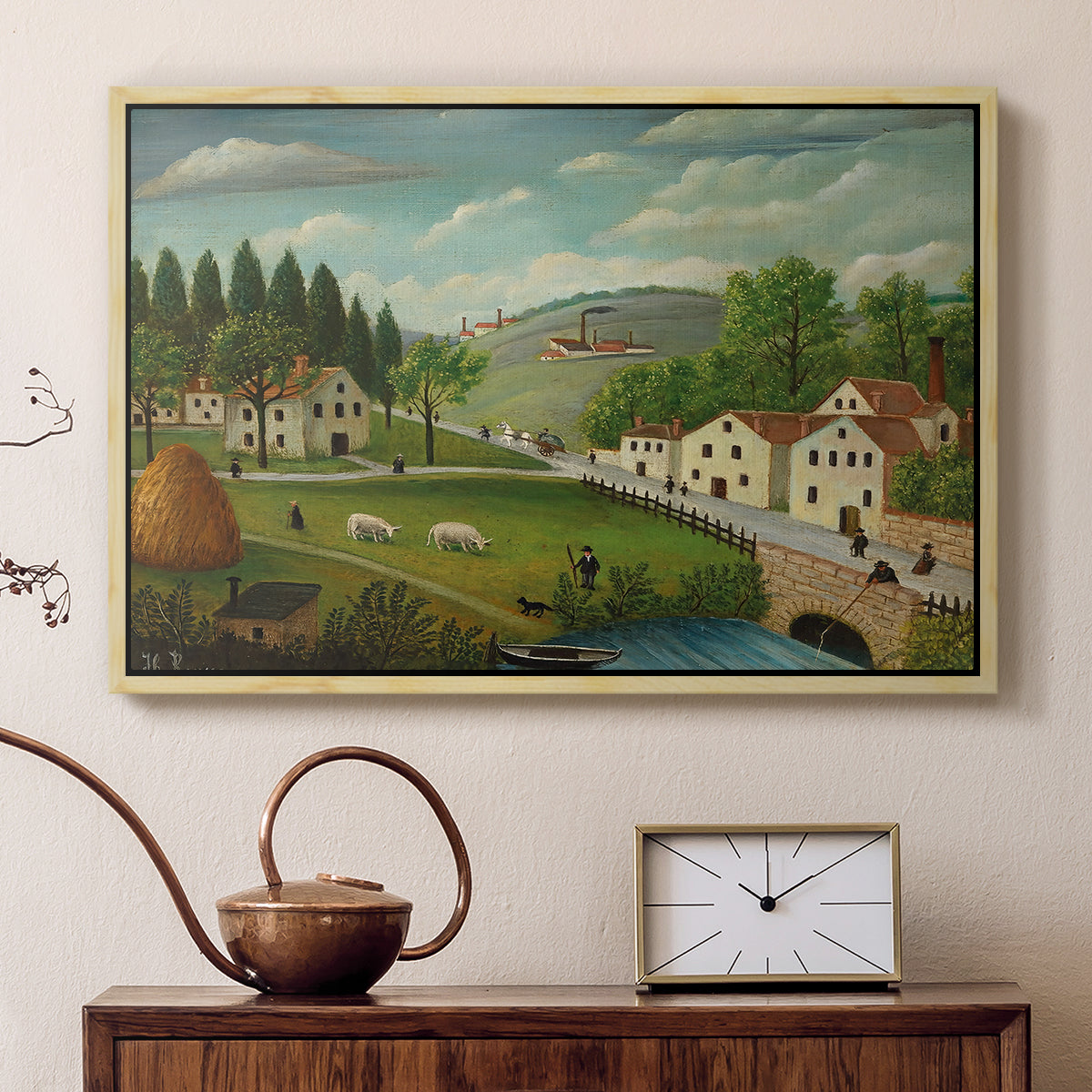 Pastoral Landscape with Stream, Fisherman and Strollers, 1875-1880 - Floater Framed Canvas Print