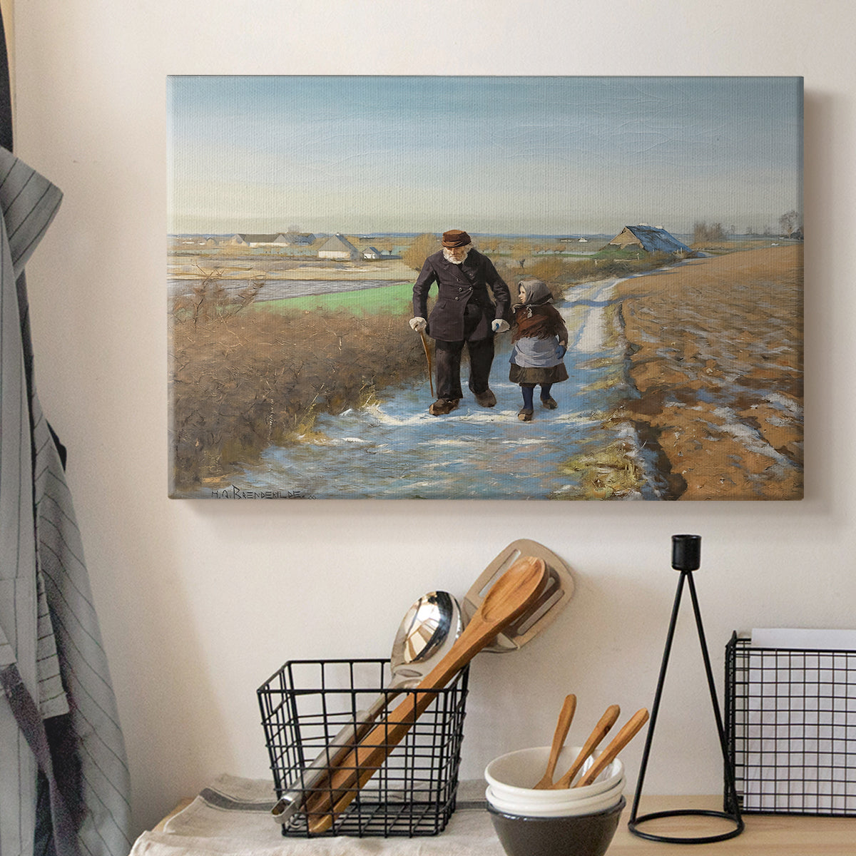 Canvas art print detailing a peaceful rural setting with elderly man and child, displayed in a softly lit workspace setting
