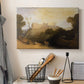 Canvas art print detailing a scenic composition combining palace and countryside, displayed in a softly lit workspace setting