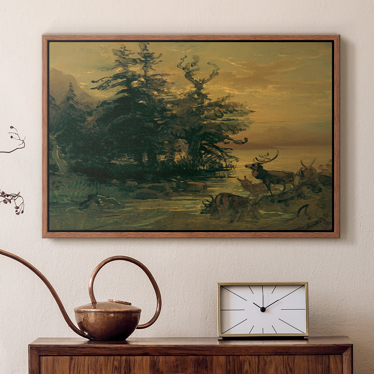 Wallowing Deer on the Shore of a Mountain Lake, c. 1850 - Floater Framed Canvas Print