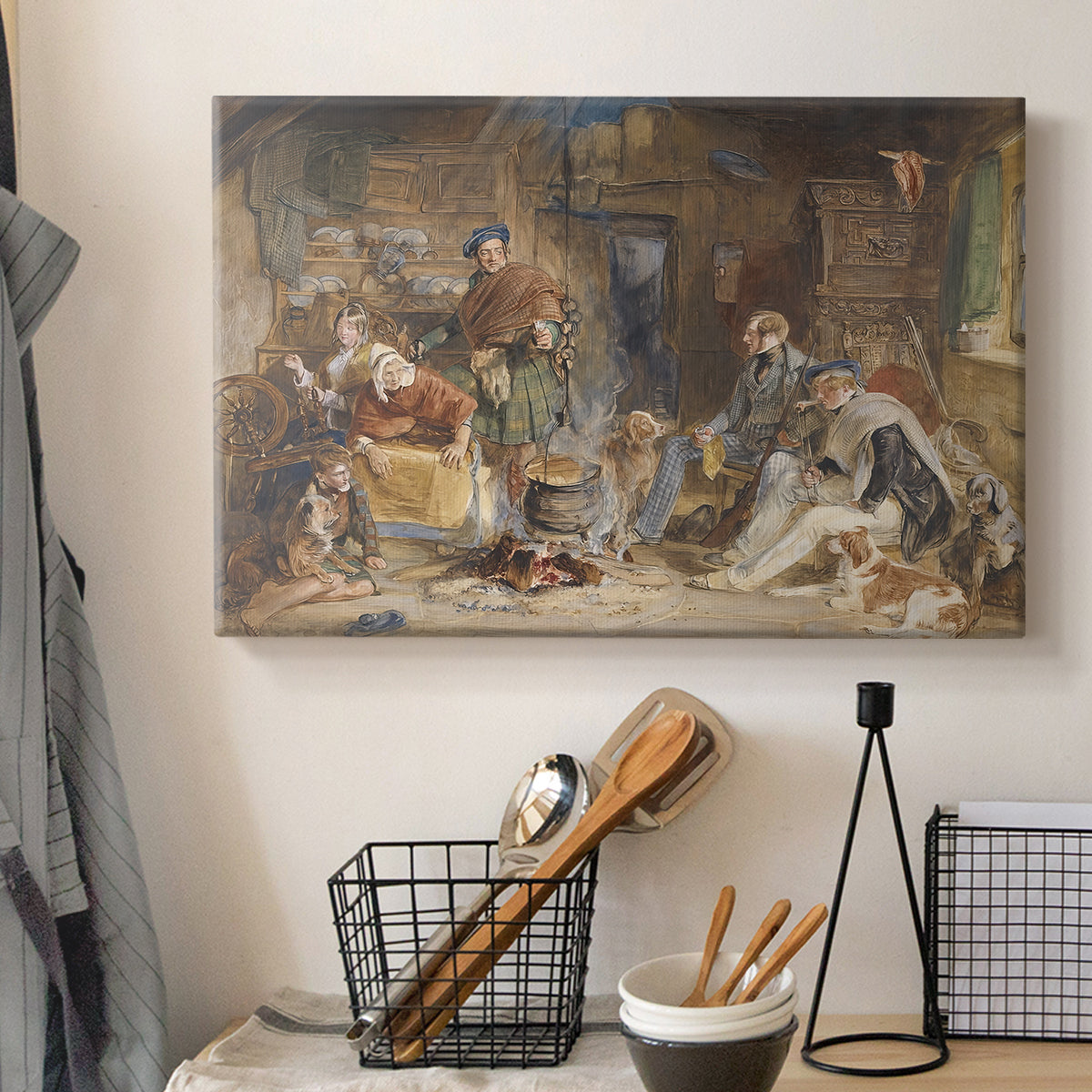 Canvas art print detailing a traditional gathering scene in simple room, displayed in a softly lit workspace setting