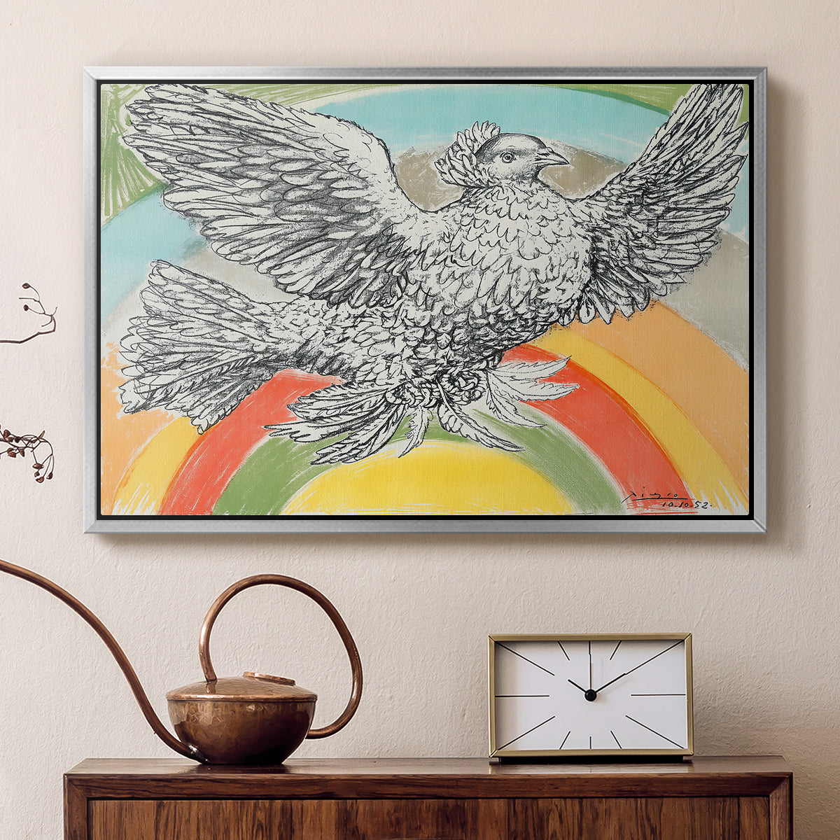 Flying Dove with Rainbow (Colombe volant à l'Arc-en-ciel), 1952 - Floater Framed Canvas Print