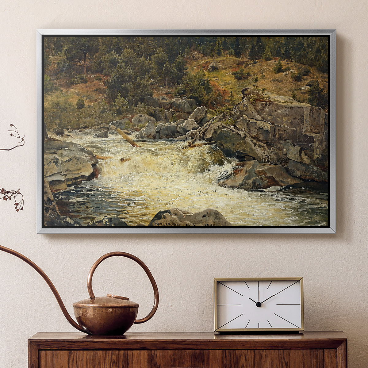 Waterfall in Hallingdal, 1848 - Floater Framed Canvas Print