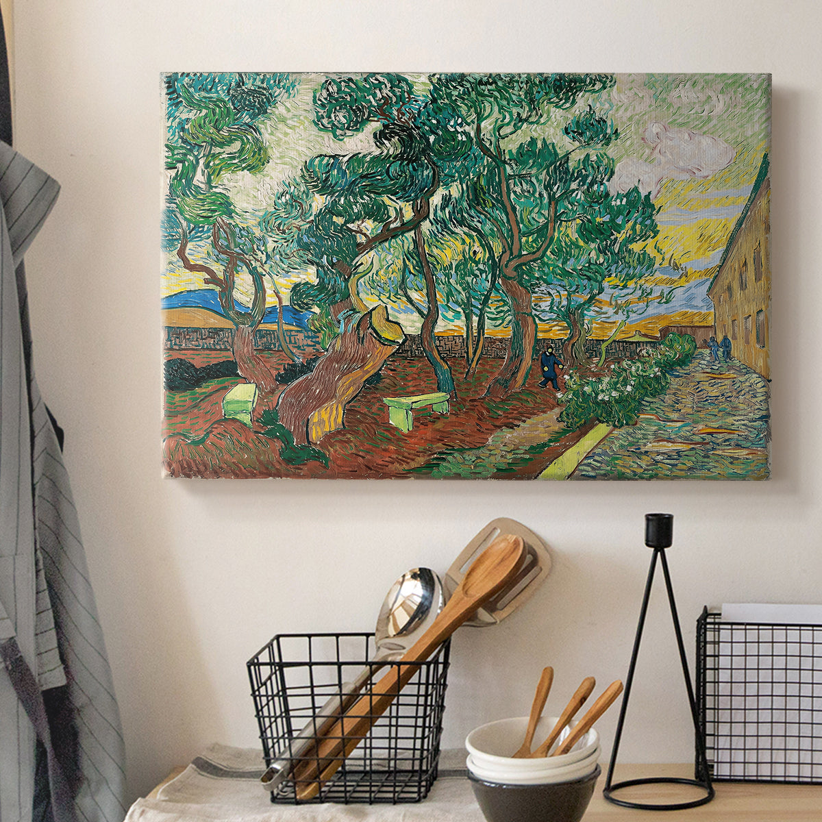 Canvas art print detailing a stylized garden composition with movement, displayed in a softly lit workspace setting