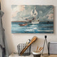 Canvas art print detailing a coastal view featuring small boat against horizon, displayed in a softly lit workspace setting