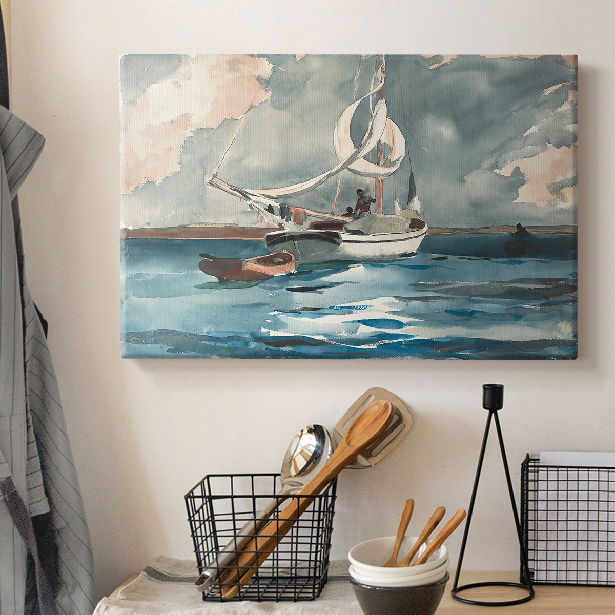Canvas art print detailing a coastal view featuring small boat against horizon, displayed in a softly lit workspace setting