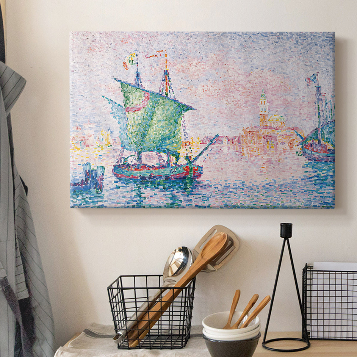Canvas art print detailing a maritime skyline composition, displayed in a softly lit workspace setting