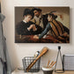 Canvas art print detailing a dramatic interior scene of gambling and trickery among figures, displayed in a softly lit workspace setting
