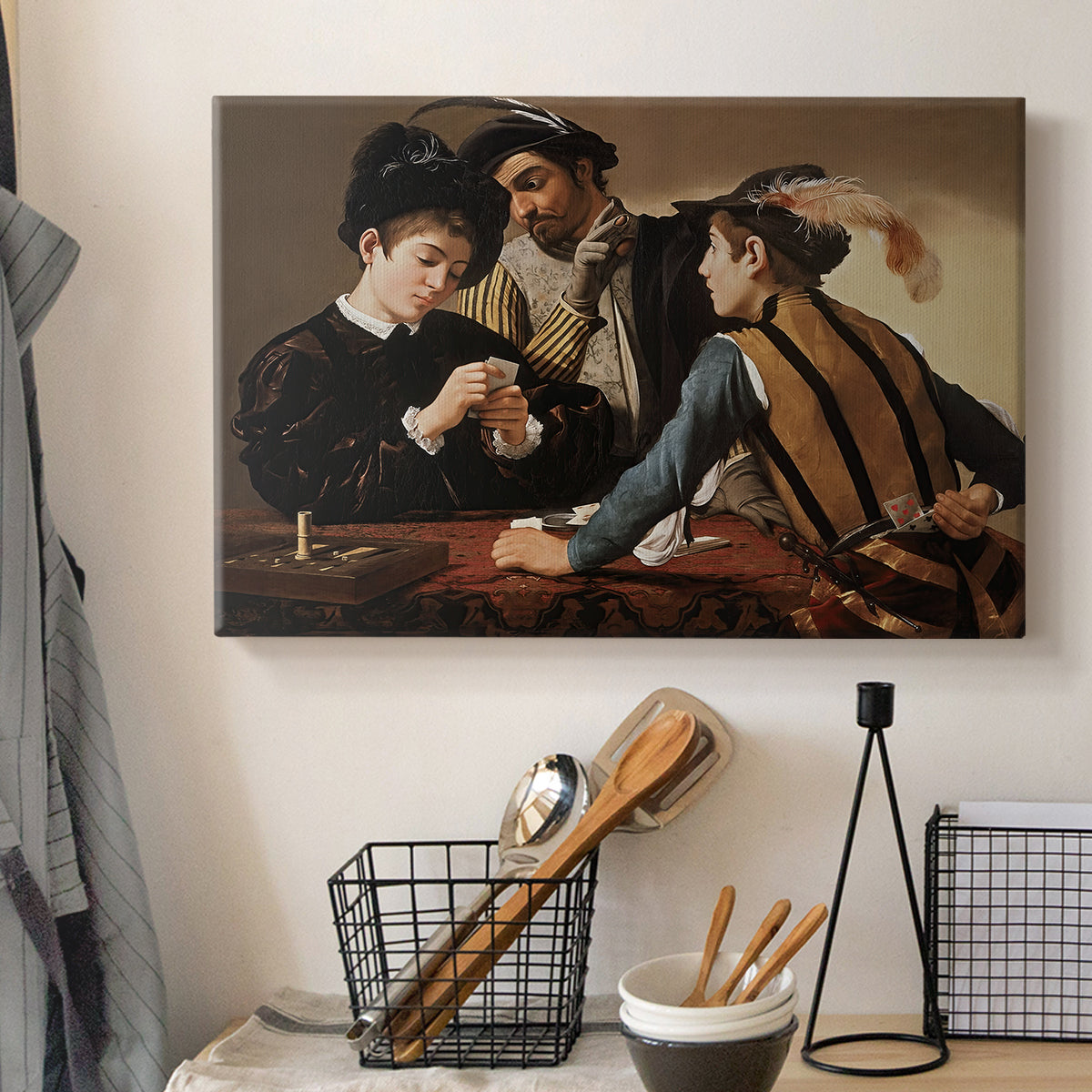 Canvas art print detailing a dramatic interior scene of gambling and trickery among figures, displayed in a softly lit workspace setting