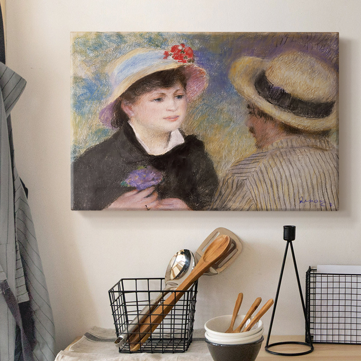 Canvas art print detailing a romantic scene of two figures in casual conversation with soft light, displayed in a softly lit workspace setting