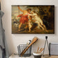 Canvas art print detailing an expressive depiction of mythological figures, displayed in a softly lit workspace setting