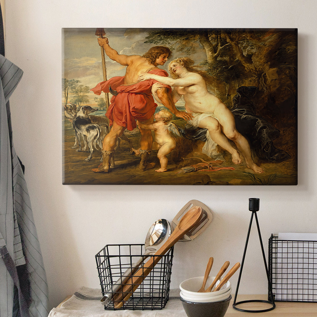 Canvas art print detailing an expressive depiction of mythological figures, displayed in a softly lit workspace setting