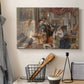 Canvas art print detailing a narrative depiction of pilgrims outdoors, displayed in a softly lit workspace setting