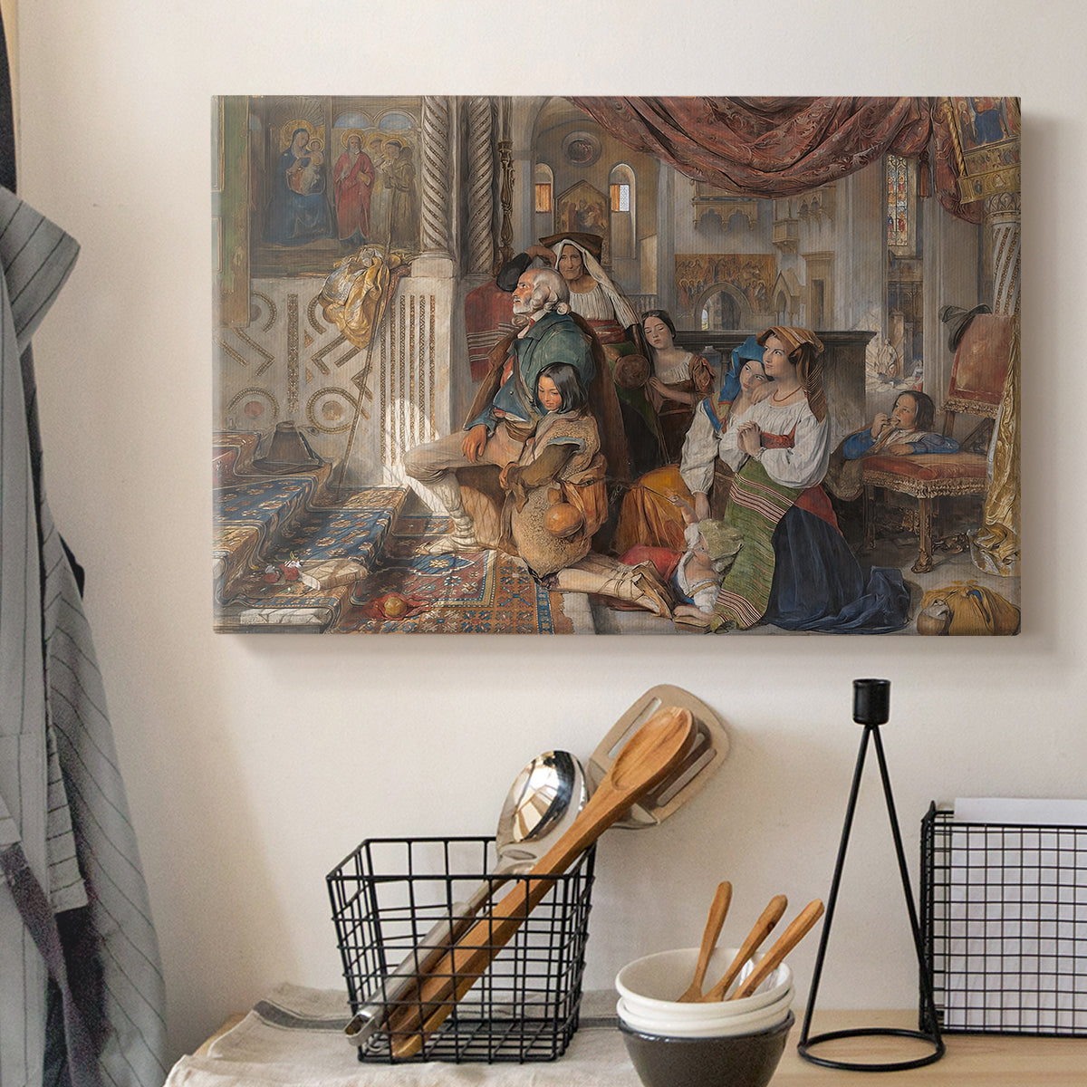 Canvas art print detailing a narrative depiction of pilgrims outdoors, displayed in a softly lit workspace setting