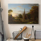 Canvas art print detailing a romantic composition showing movement toward distant buildings, displayed in a softly lit workspace setting