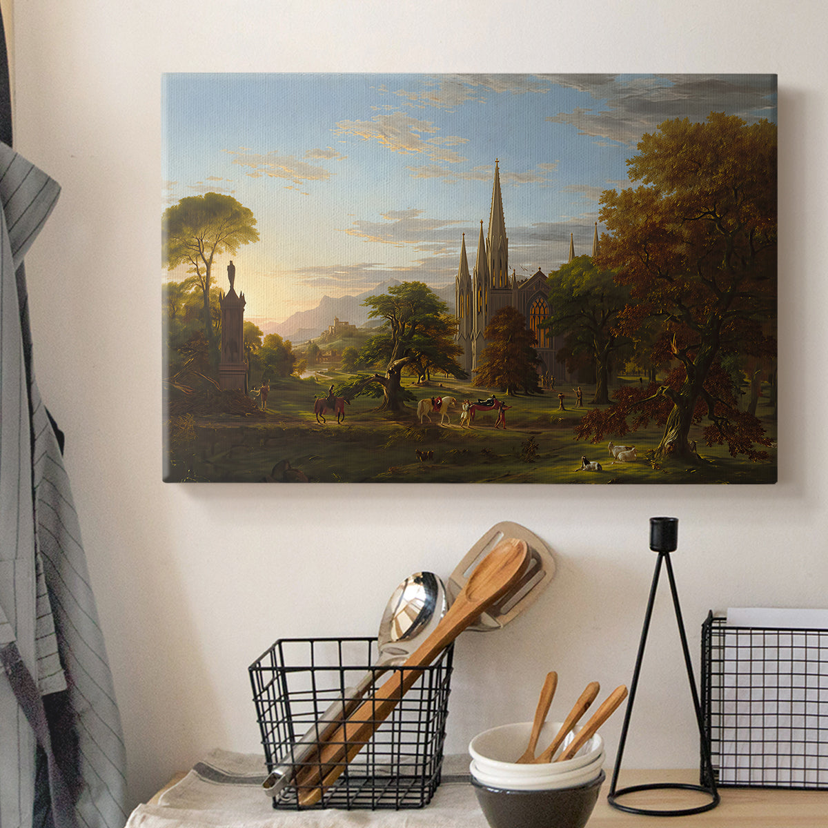 Canvas art print detailing a romantic composition showing movement toward distant buildings, displayed in a softly lit workspace setting