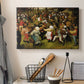 Canvas art print detailing a traditional village wedding scene, displayed in a softly lit workspace setting