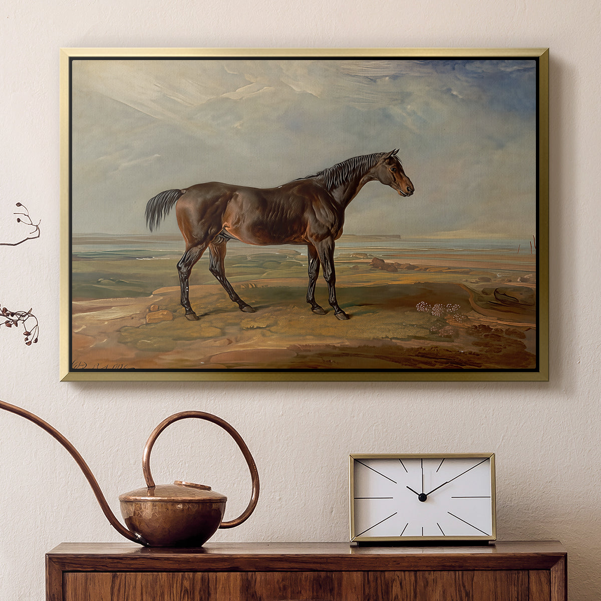 Dr. Syntax, a Bay Racehorse, Standing in a Coastal Landscape, an Estuary Beyond, c. 1820 - Floater Framed Canvas Print