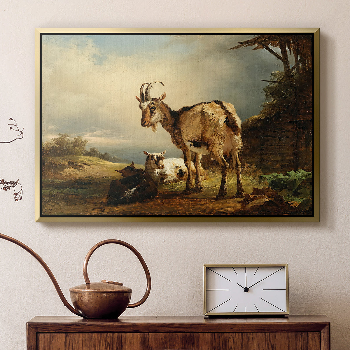 A Goat with Two Kids - Floater Framed Canvas Print