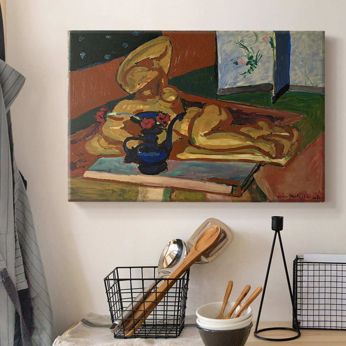 Canvas art print detailing an expressive still life with sculpture and ceramics, displayed in a softly lit workspace setting