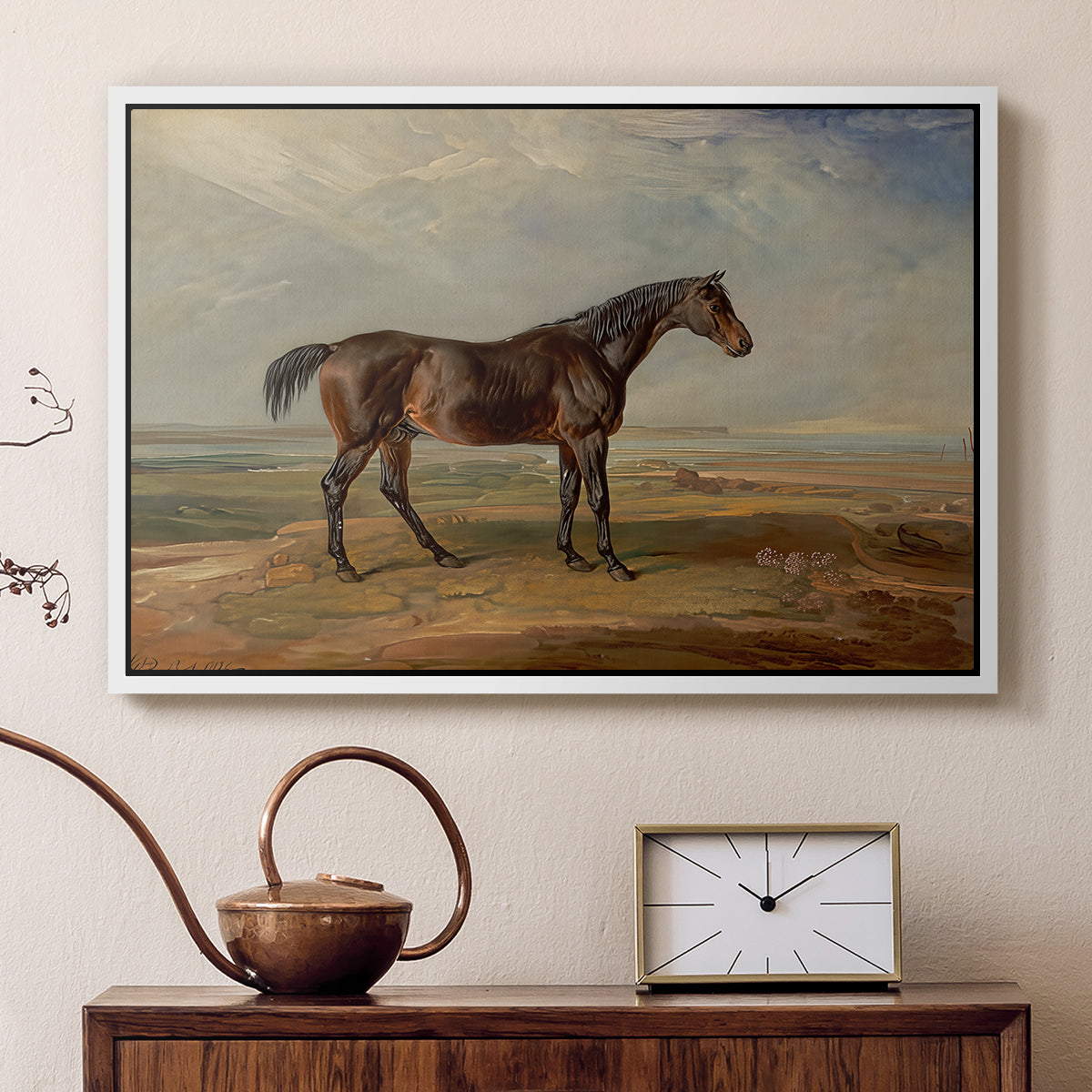 Dr. Syntax, a Bay Racehorse, Standing in a Coastal Landscape, an Estuary Beyond, c. 1820 - Floater Framed Canvas Print